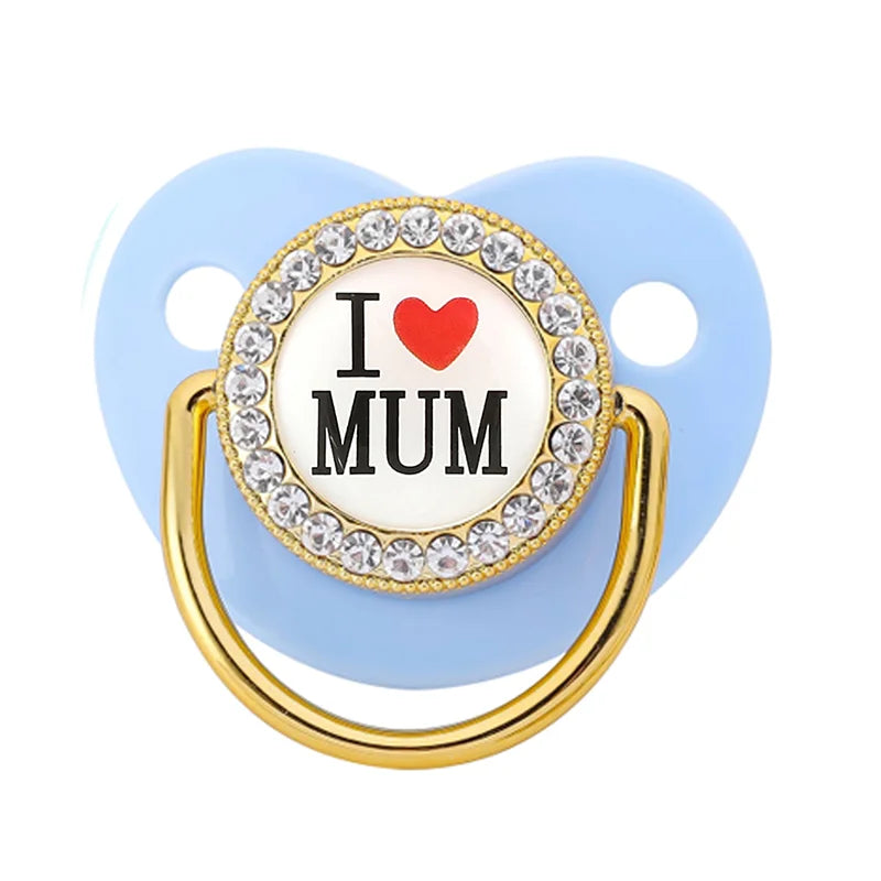 Bling Baby Pacifier – BPA-Free Silicone Dummy with "I Love Mum & Dad" Design (Newborn Shower Gift)