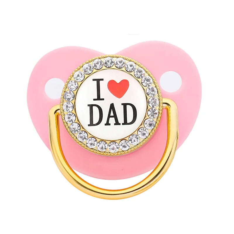 Bling Baby Pacifier – BPA-Free Silicone Dummy with "I Love Mum & Dad" Design (Newborn Shower Gift)