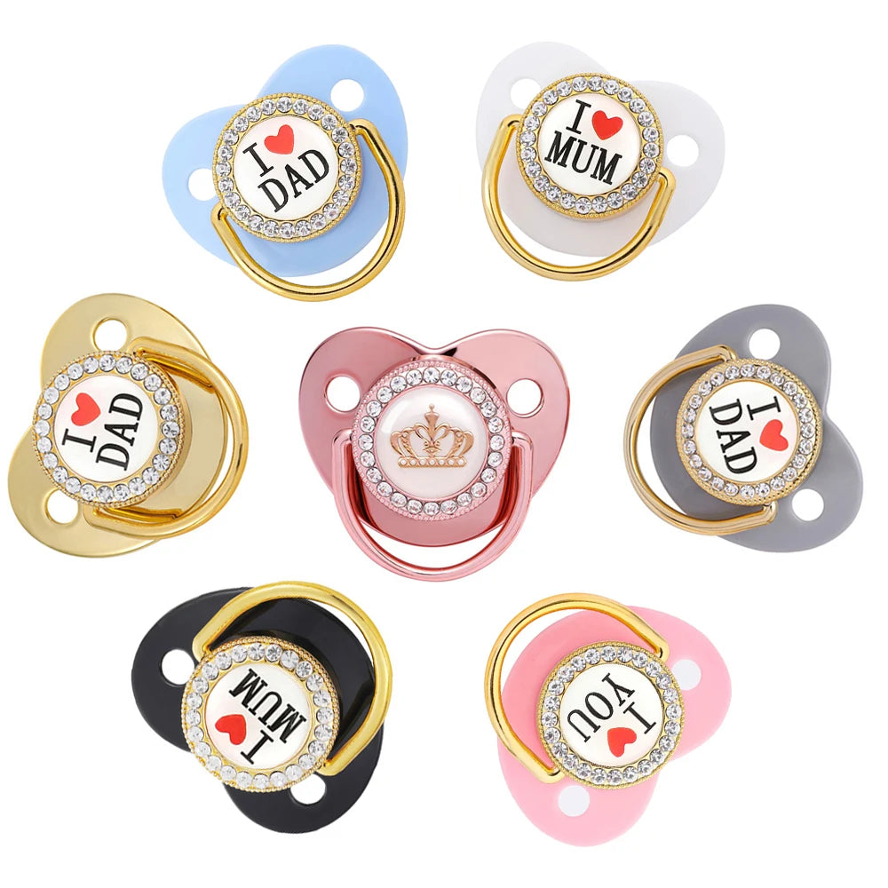 Bling Baby Pacifier – BPA-Free Silicone Dummy with "I Love Mum & Dad" Design (Newborn Shower Gift)