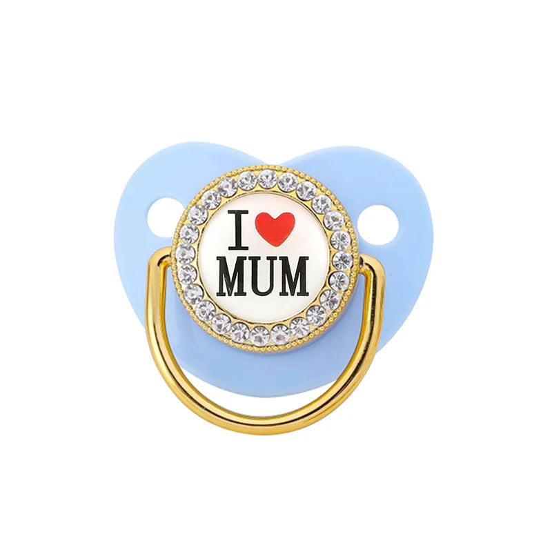 Bling Baby Pacifier – BPA-Free Silicone Dummy with "I Love Mum & Dad" Design (Newborn Shower Gift)