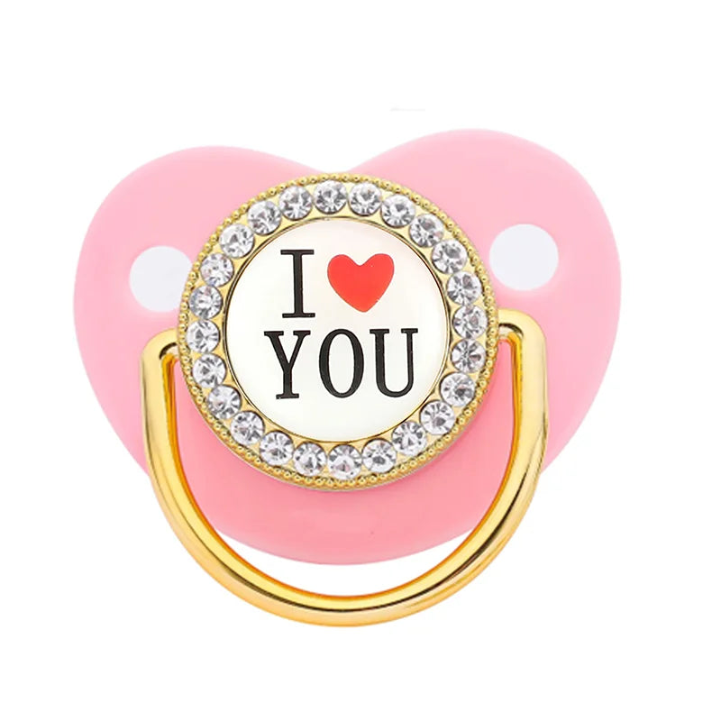 Bling Baby Pacifier – BPA-Free Silicone Dummy with "I Love Mum & Dad" Design (Newborn Shower Gift)