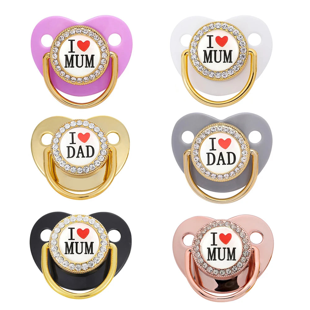 Bling Baby Pacifier – BPA-Free Silicone Dummy with "I Love Mum & Dad" Design (Newborn Shower Gift)