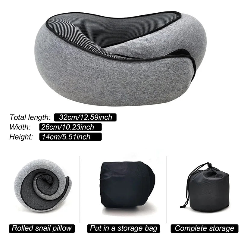 Memory Foam Travel Neck Pillow – U-Shaped Adjustable Snail Style for Airplane, Car & Office Nap Support
