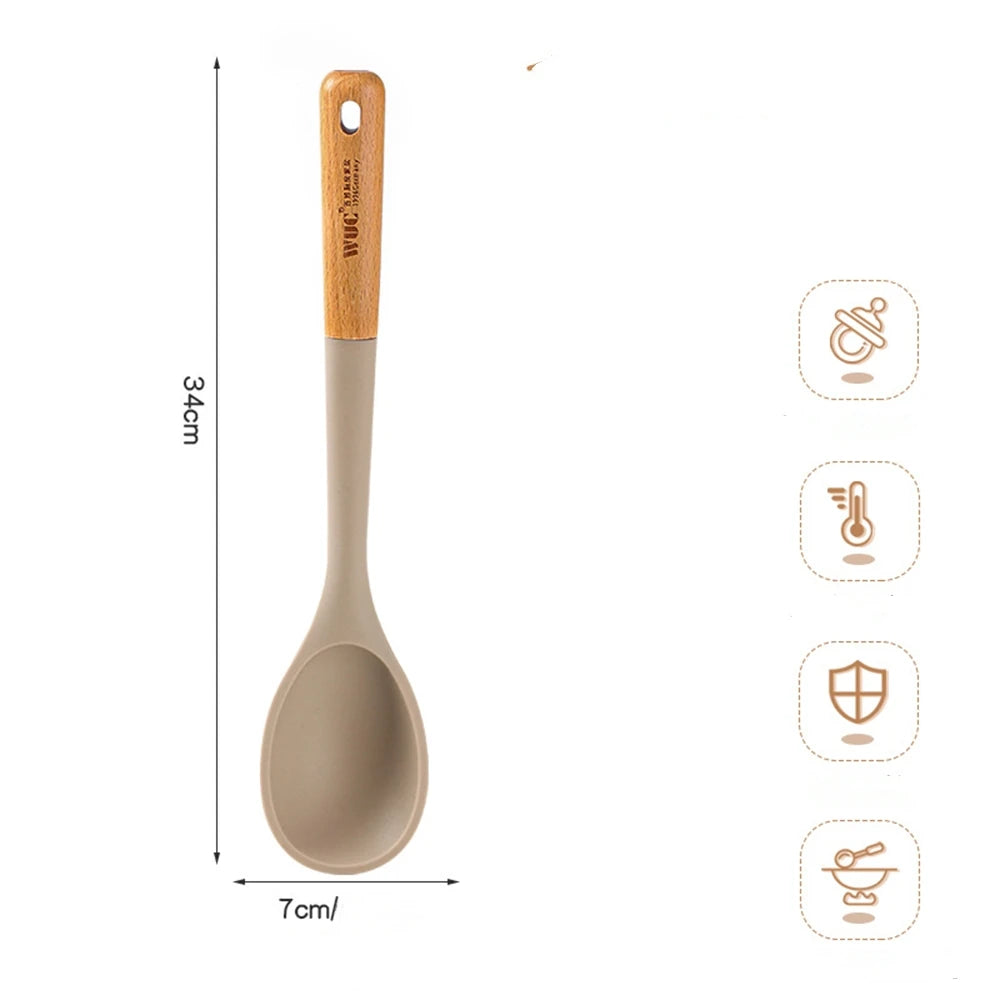 Silicone Cooking Utensils with Wooden Handle – Heat Resistant Non-Stick Kitchen Tools