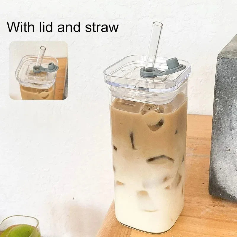 Square Heat-Resistant Glass Cup with Lid & Straw – Clear Iced Coffee, Milk Tea, Juice Mug for Home & Bar Use
