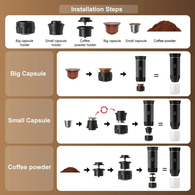 Portable Wireless Espresso Machine – 3-in-1 Travel Coffee Maker for Car, Camping & Home | Capsule & Ground Coffee Compatible