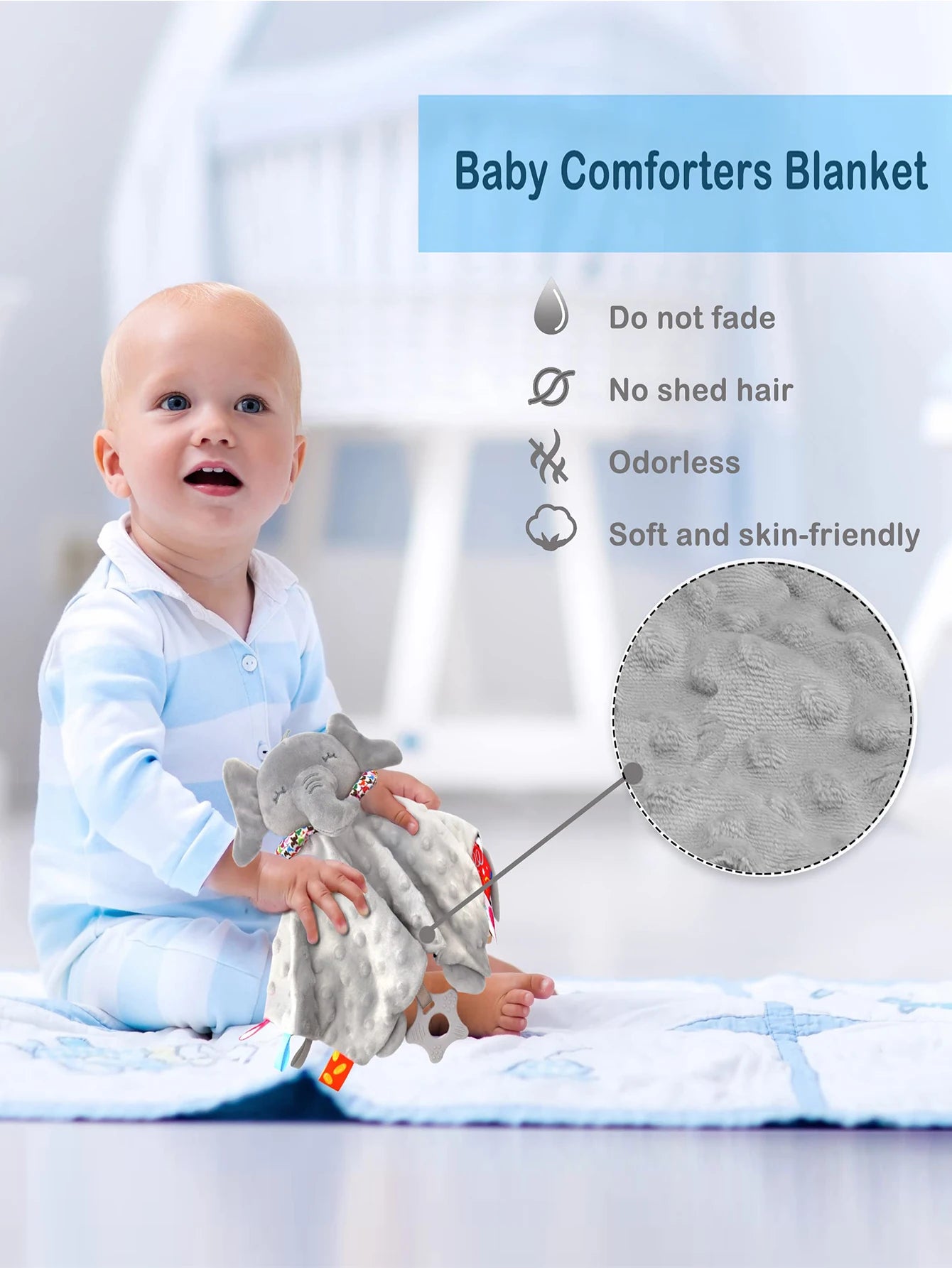 Elephant Baby Comforter Blanket – Soft Plush Rattle Toy & Soothing Sleep Towel for Infants