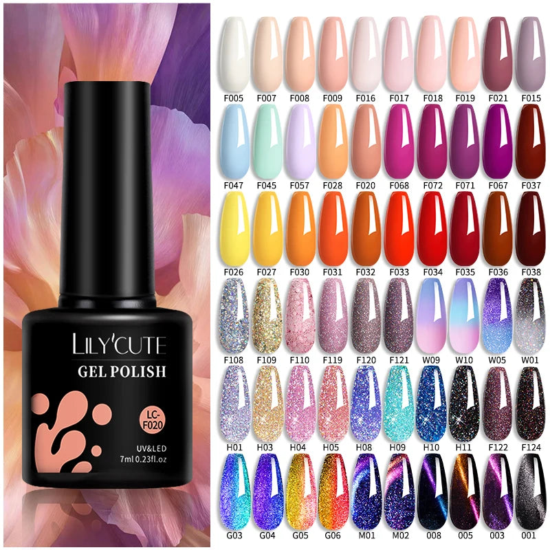 LILYCUTE Gel Nail Polish Set – 7ml Colorful UV Gel Varnish for Manicure | Long-Lasting Semi-Permanent Soak Off Nail Art Base & Top Coat