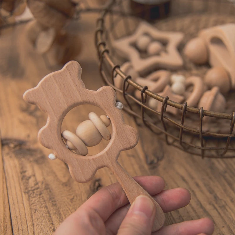 Wooden Baby Rattle Set – Montessori Beech Handheld Sound Toys for Newborns & Infants