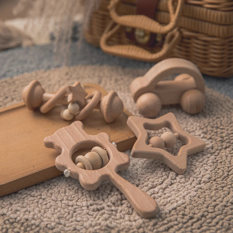 Wooden Baby Rattle Set – Montessori Beech Handheld Sound Toys for Newborns & Infants