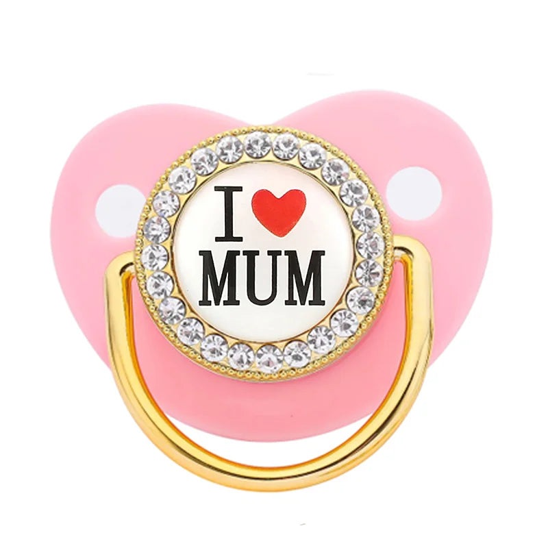 Bling Baby Pacifier – BPA-Free Silicone Dummy with "I Love Mum & Dad" Design (Newborn Shower Gift)