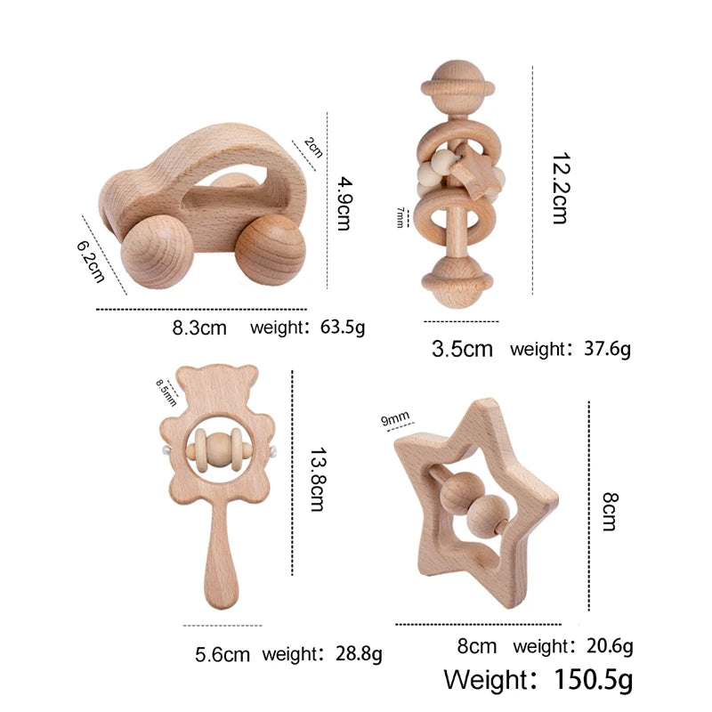 Wooden Baby Rattle Set – Montessori Beech Handheld Sound Toys for Newborns & Infants
