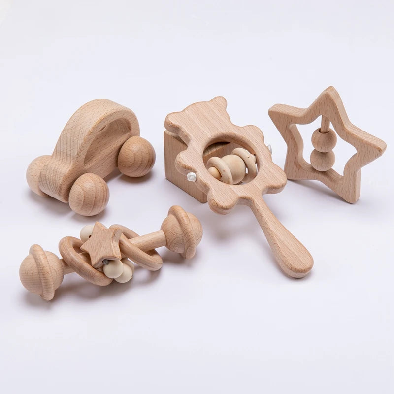 Wooden Baby Rattle Set – Montessori Beech Handheld Sound Toys for Newborns & Infants