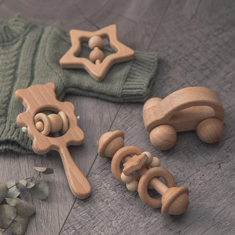 Wooden Baby Rattle Set – Montessori Beech Handheld Sound Toys for Newborns & Infants