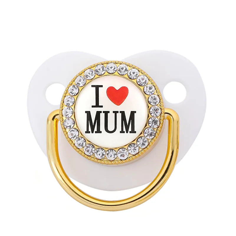 Bling Baby Pacifier – BPA-Free Silicone Dummy with "I Love Mum & Dad" Design (Newborn Shower Gift)