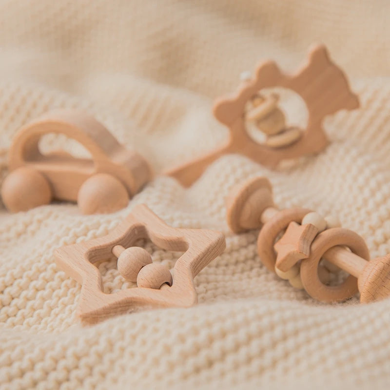Wooden Baby Rattle Set – Montessori Beech Handheld Sound Toys for Newborns & Infants