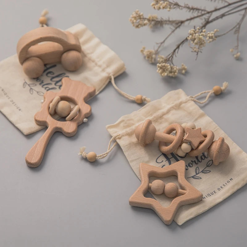 Wooden Baby Rattle Set – Montessori Beech Handheld Sound Toys for Newborns & Infants