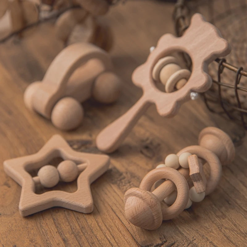 Wooden Baby Rattle Set – Montessori Beech Handheld Sound Toys for Newborns & Infants