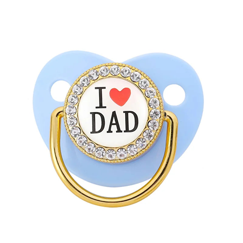 Bling Baby Pacifier – BPA-Free Silicone Dummy with "I Love Mum & Dad" Design (Newborn Shower Gift)