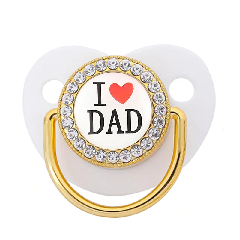 Bling Baby Pacifier – BPA-Free Silicone Dummy with "I Love Mum & Dad" Design (Newborn Shower Gift)