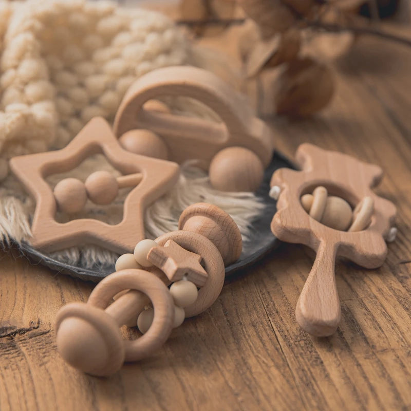 Wooden Baby Rattle Set – Montessori Beech Handheld Sound Toys for Newborns & Infants