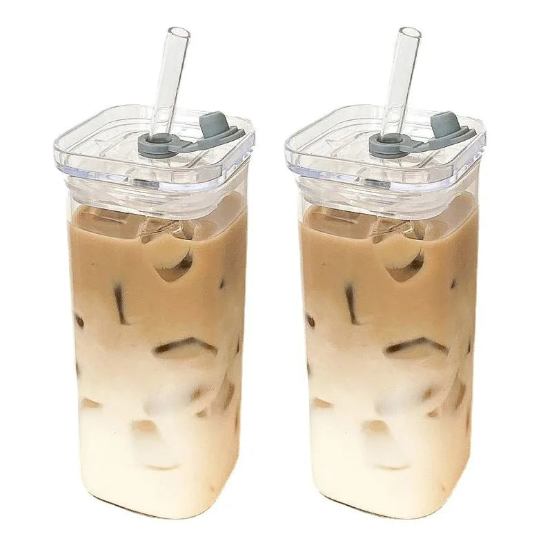 Square Heat-Resistant Glass Cup with Lid & Straw – Clear Iced Coffee, Milk Tea, Juice Mug for Home & Bar Use