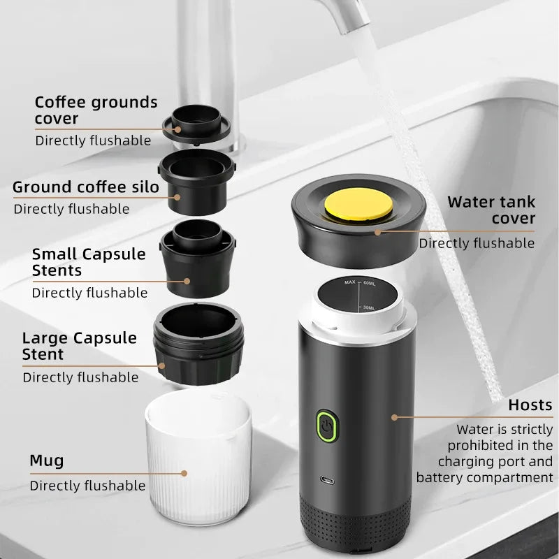 Portable Wireless Espresso Machine – 3-in-1 Travel Coffee Maker for Car, Camping & Home | Capsule & Ground Coffee Compatible