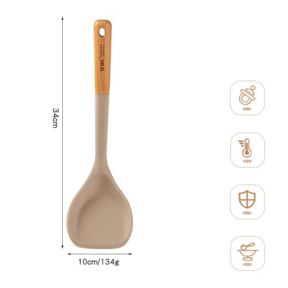 Silicone Cooking Utensils with Wooden Handle – Heat Resistant Non-Stick Kitchen Tools