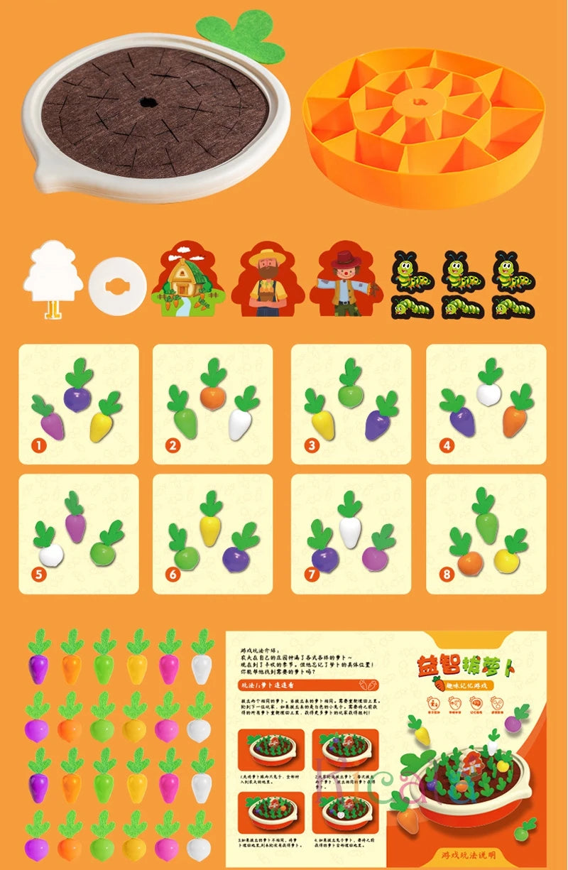 Montessori Toys for Toddlers – Educational Pull Carrot Game, Shape Sorter & Counting Toy Set for Kids A