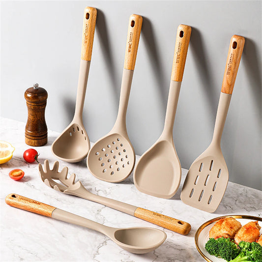 Silicone Cooking Utensils with Wooden Handle – Heat Resistant Non-Stick Kitchen Tools