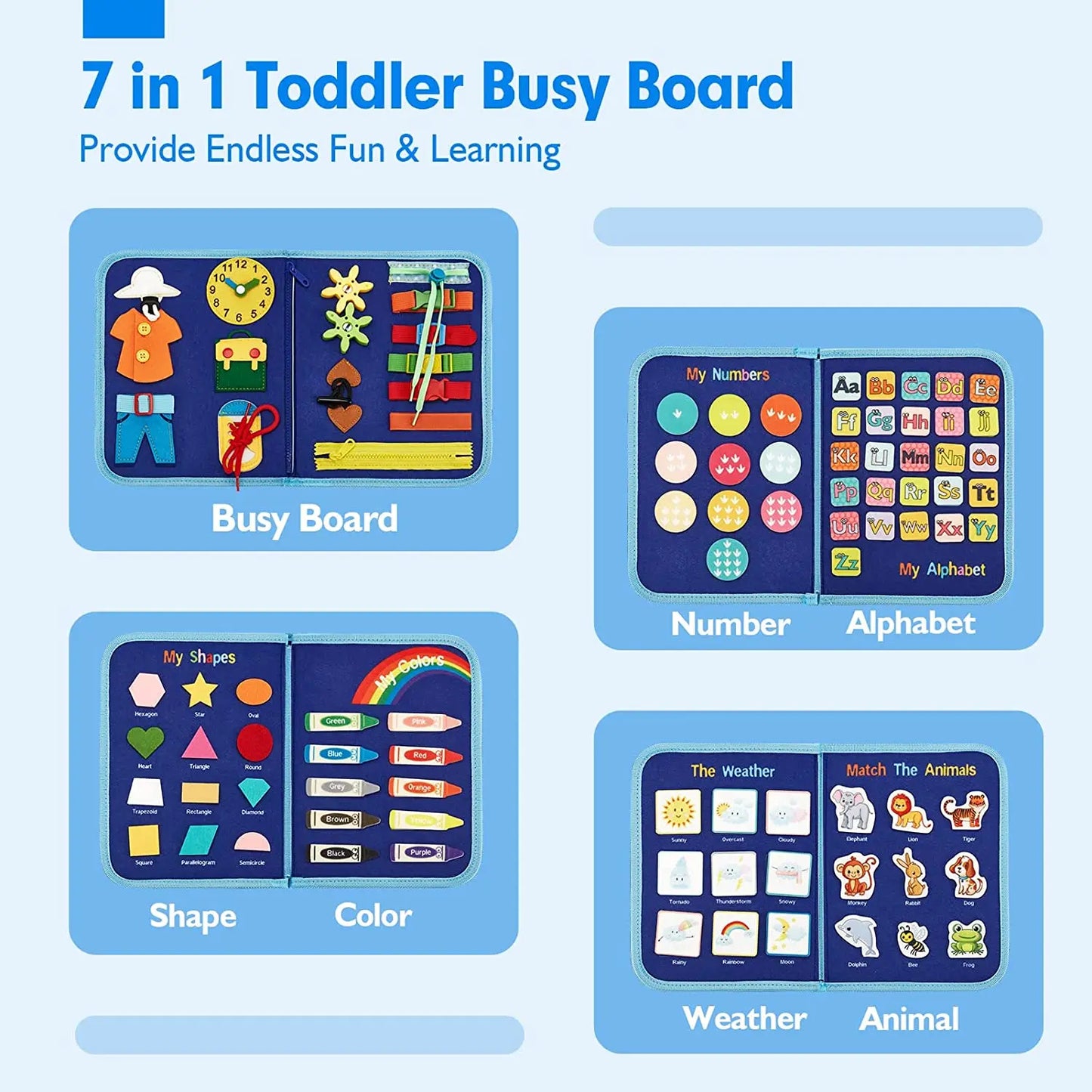 Montessori Toddler Busy Board – Sensory Learning Toy for Fine Motor Skills, Zippers, Buckles & Laces – Travel Toy for 1-4 Year Olds