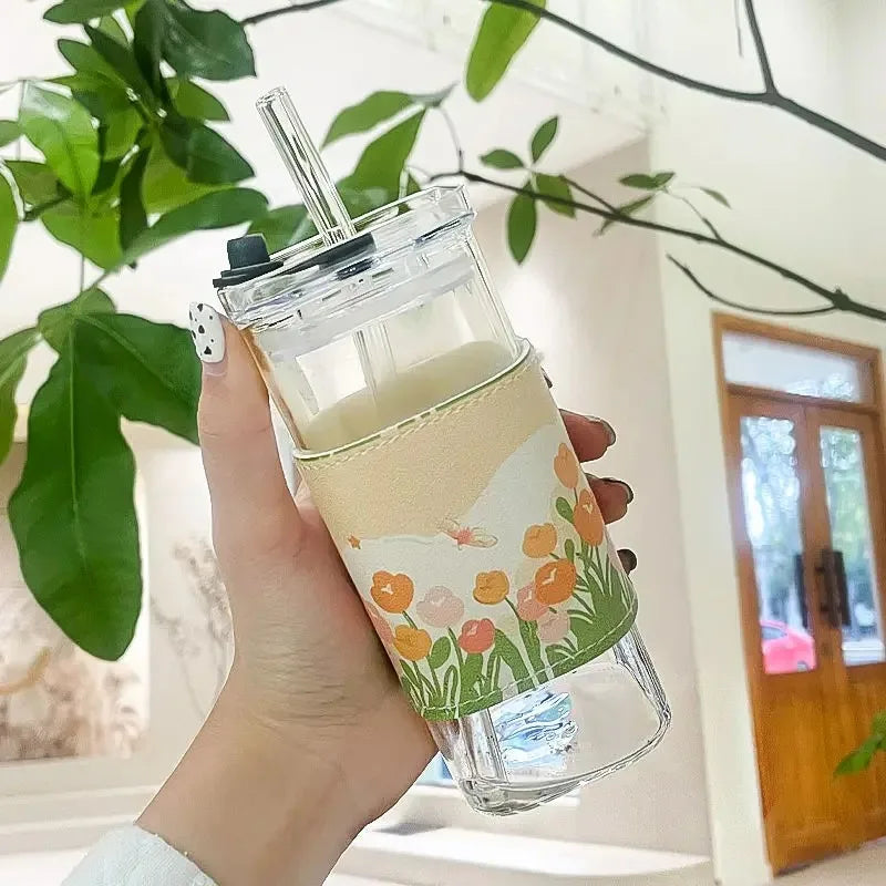 Square Heat-Resistant Glass Cup with Lid & Straw – Clear Iced Coffee, Milk Tea, Juice Mug for Home & Bar Use