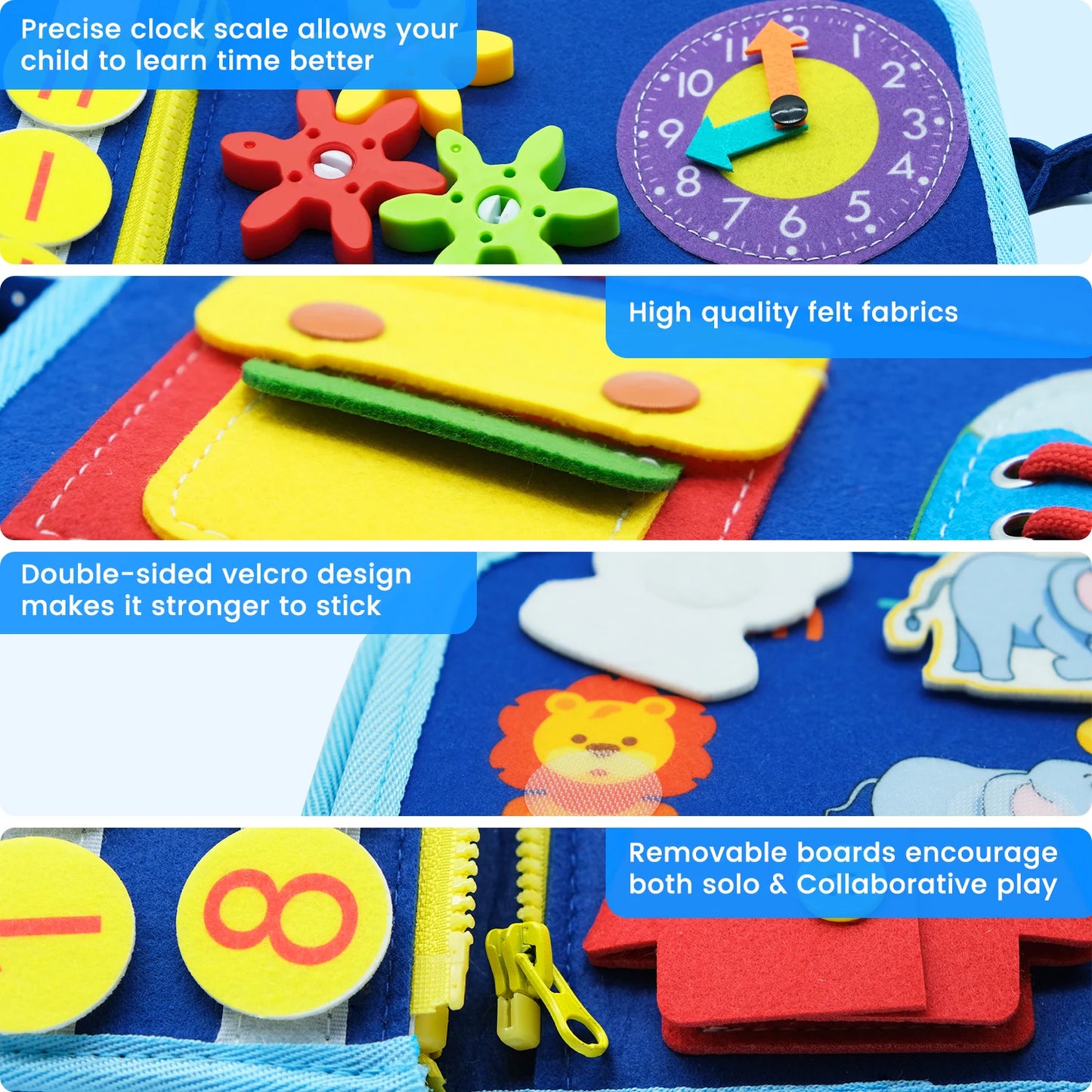 Montessori Toddler Busy Board – Sensory Learning Toy for Fine Motor Skills, Zippers, Buckles & Laces – Travel Toy for 1-4 Year Olds