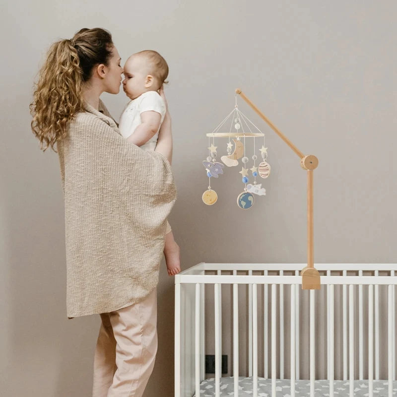 Baby Crib Mobile – Forest Animal Hanging Rattle Toy with Wooden Arm (0–12 Months)
