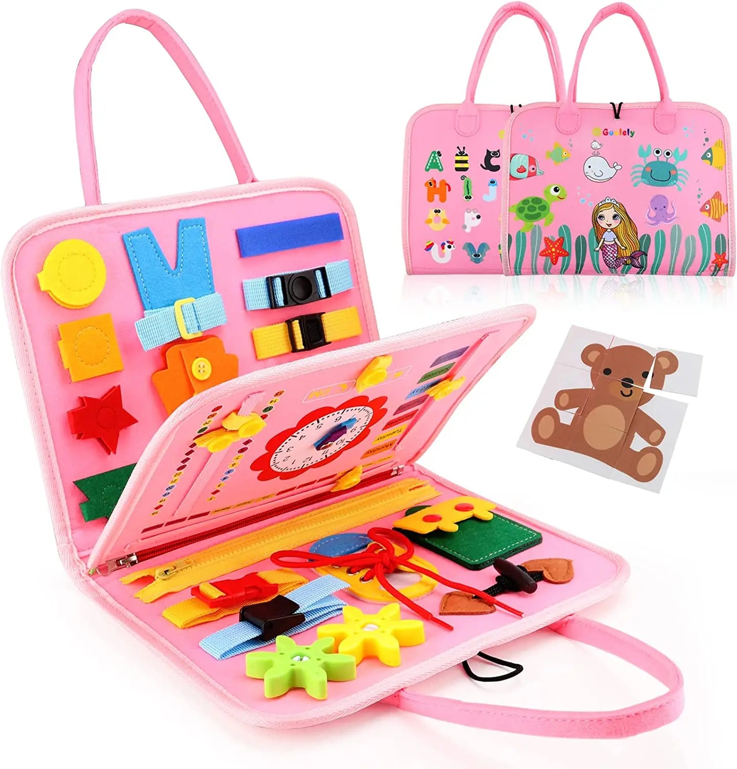 Montessori Toddler Busy Board – Sensory Learning Toy for Fine Motor Skills, Zippers, Buckles & Laces – Travel Toy for 1-4 Year Olds