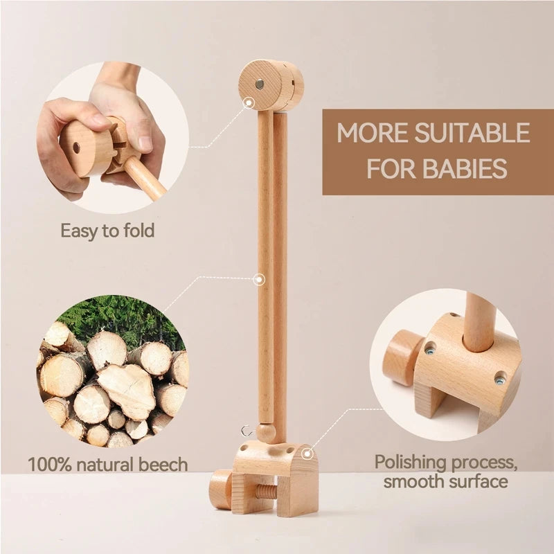 Baby Crib Mobile – Forest Animal Hanging Rattle Toy with Wooden Arm (0–12 Months)