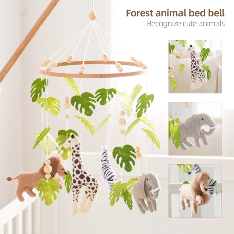 Baby Crib Mobile – Forest Animal Hanging Rattle Toy with Wooden Arm (0–12 Months)