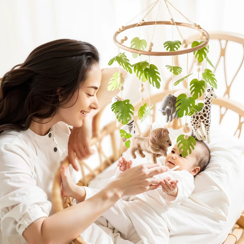 Baby Crib Mobile – Forest Animal Hanging Rattle Toy with Wooden Arm (0–12 Months)