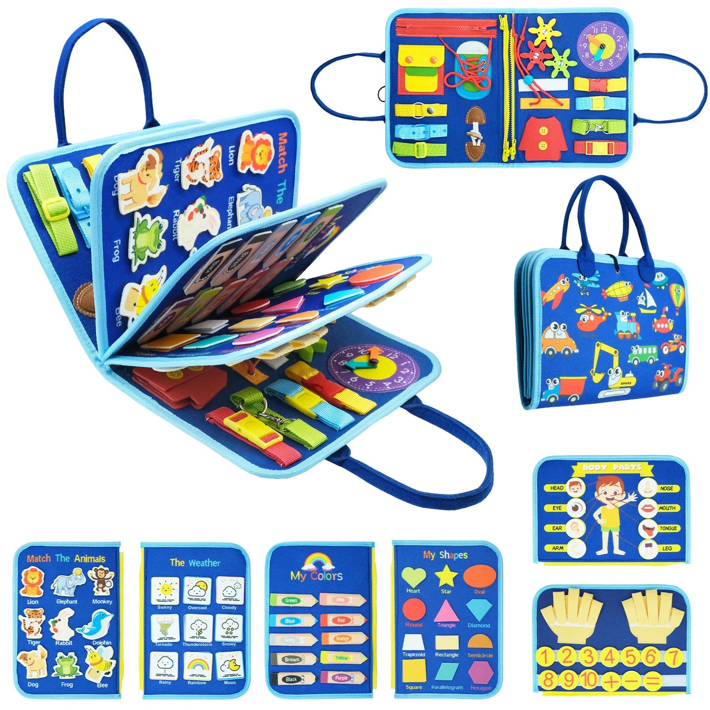 Montessori Toddler Busy Board – Sensory Learning Toy for Fine Motor Skills, Zippers, Buckles & Laces – Travel Toy for 1-4 Year Olds