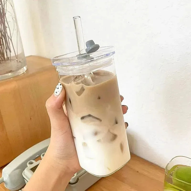 Square Heat-Resistant Glass Cup with Lid & Straw – Clear Iced Coffee, Milk Tea, Juice Mug for Home & Bar Use
