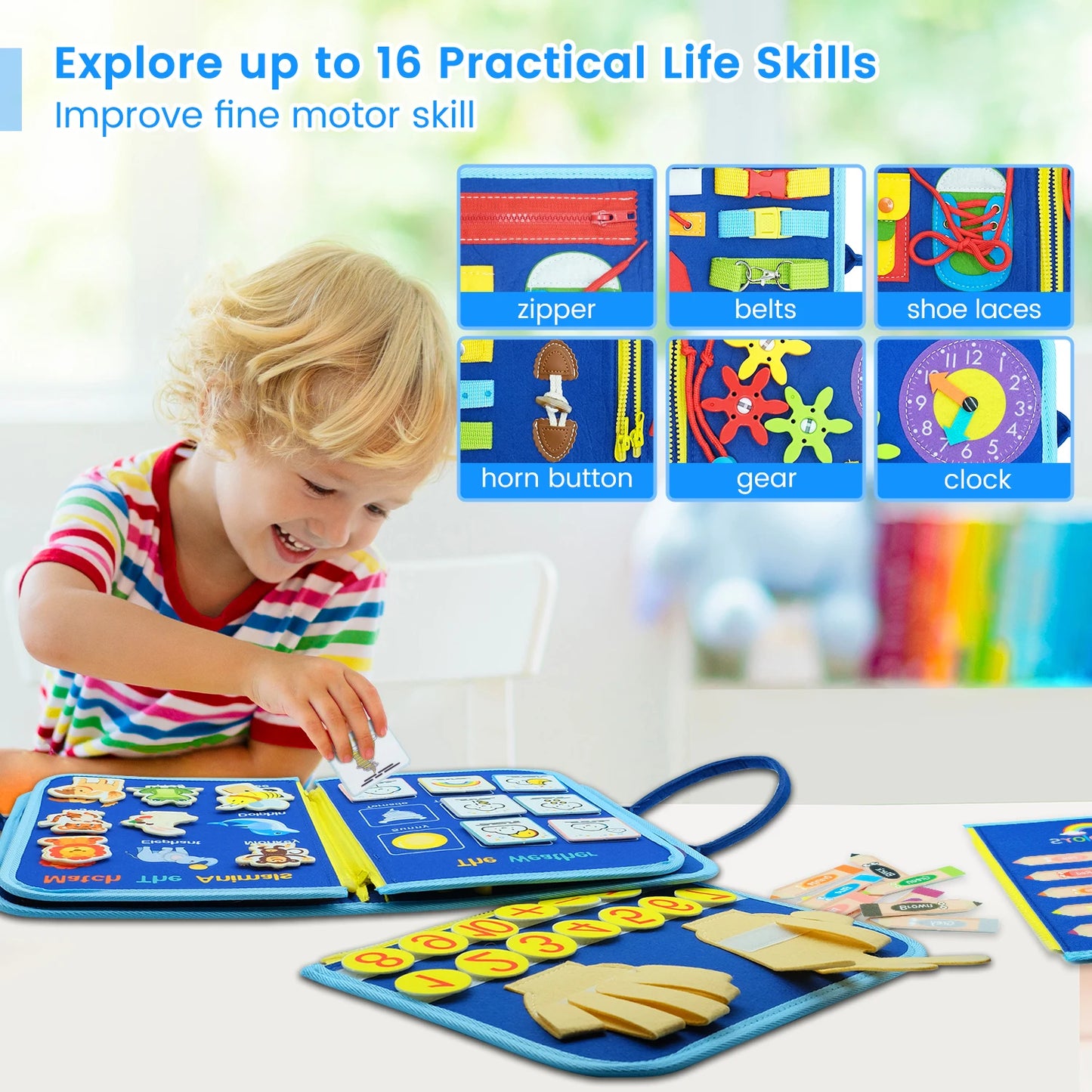 Montessori Toddler Busy Board – Sensory Learning Toy for Fine Motor Skills, Zippers, Buckles & Laces – Travel Toy for 1-4 Year Olds