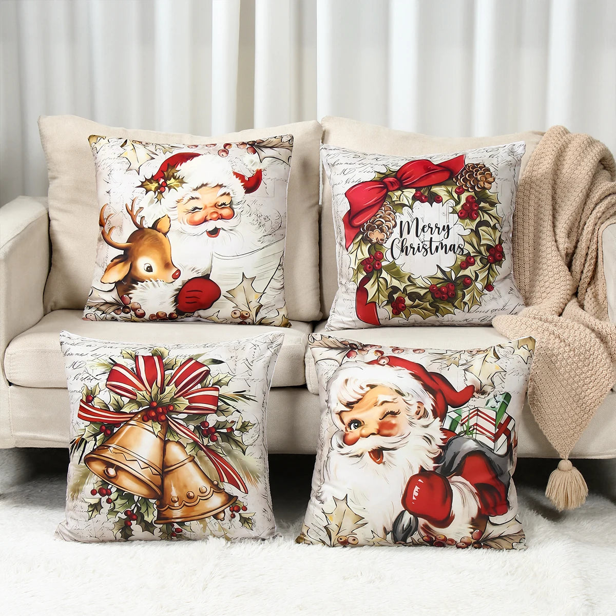 4PCS Merry Christmas Pillow Covers – Holiday Decor Set