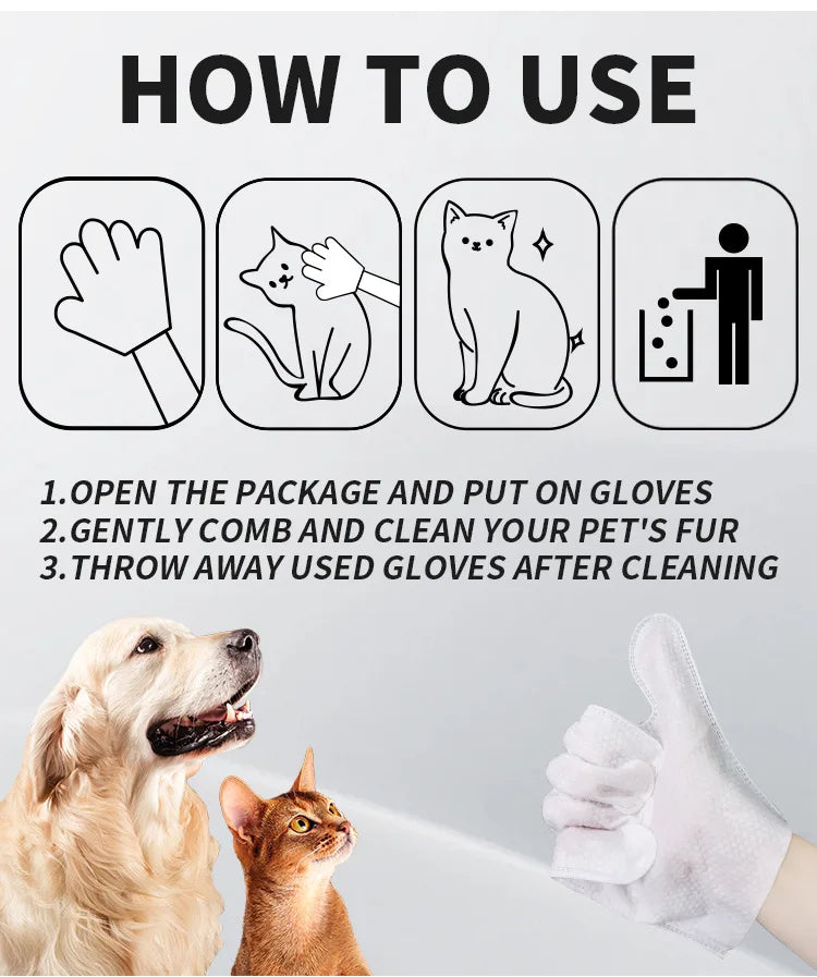 Pet Cleaning Gloves – Disposable Bath & Grooming Wipes for Dogs & Cats (No-Rinse, Odor-Removing, Moisturizing)