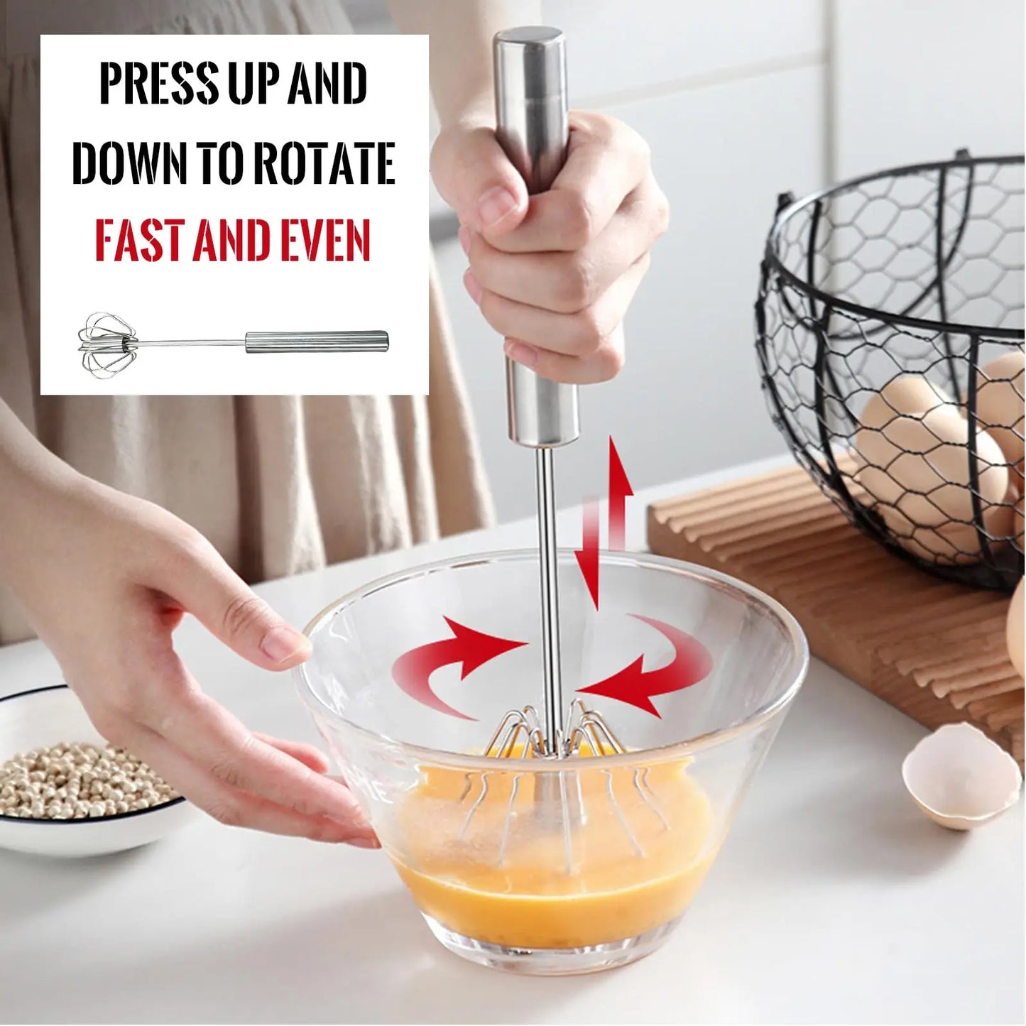 Stainless Steel Semi Automatic Egg Beater – Self Turning Hand Whisk Mixer Kitchen Gadget