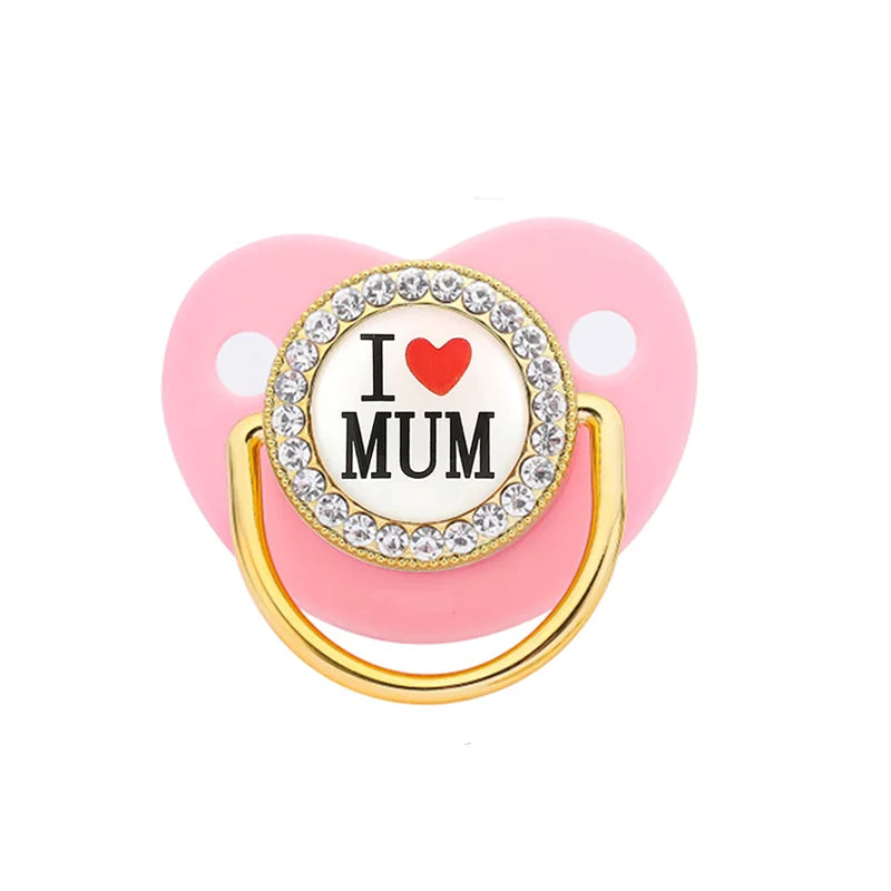 Bling Baby Pacifier – BPA-Free Silicone Dummy with "I Love Mum & Dad" Design (Newborn Shower Gift)