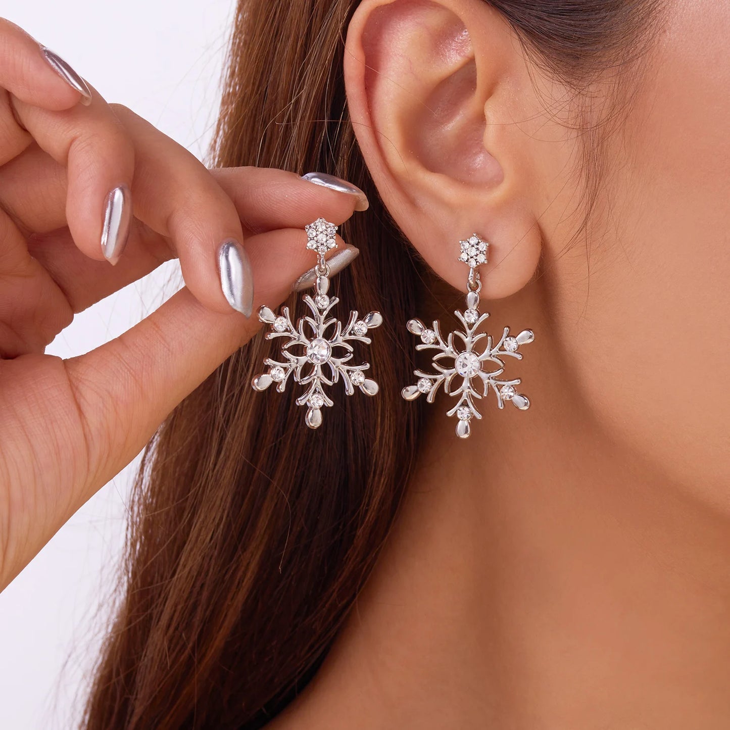 Christmas Snowflake Earrings – Crystal & Pearl Dangle Studs for Women