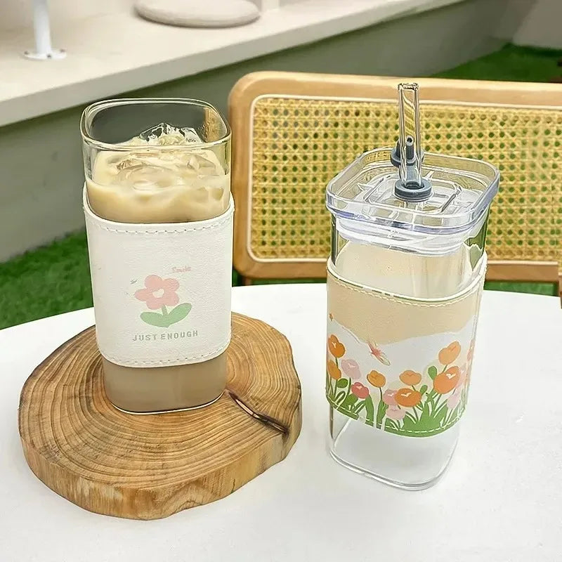 Square Heat-Resistant Glass Cup with Lid & Straw – Clear Iced Coffee, Milk Tea, Juice Mug for Home & Bar Use