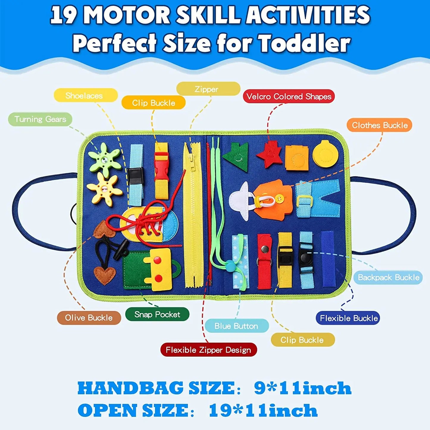 Montessori Toddler Busy Board – Sensory Learning Toy for Fine Motor Skills, Zippers, Buckles & Laces – Travel Toy for 1-4 Year Olds