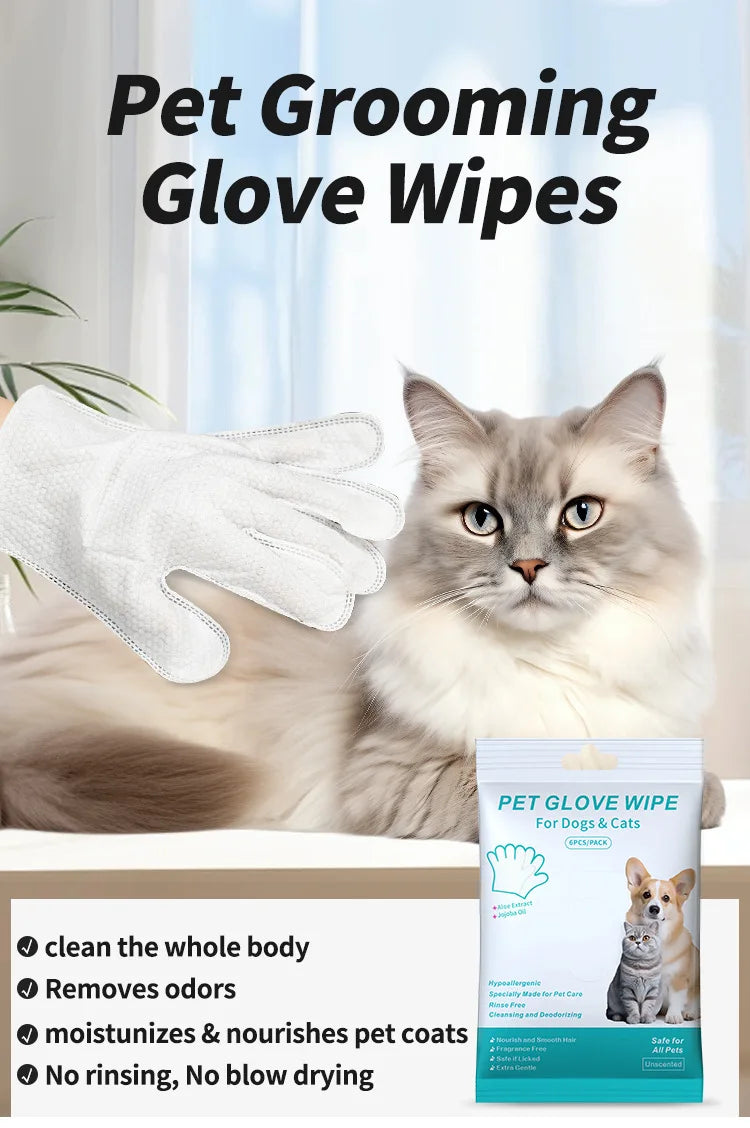 Pet Cleaning Gloves – Disposable Bath & Grooming Wipes for Dogs & Cats (No-Rinse, Odor-Removing, Moisturizing)