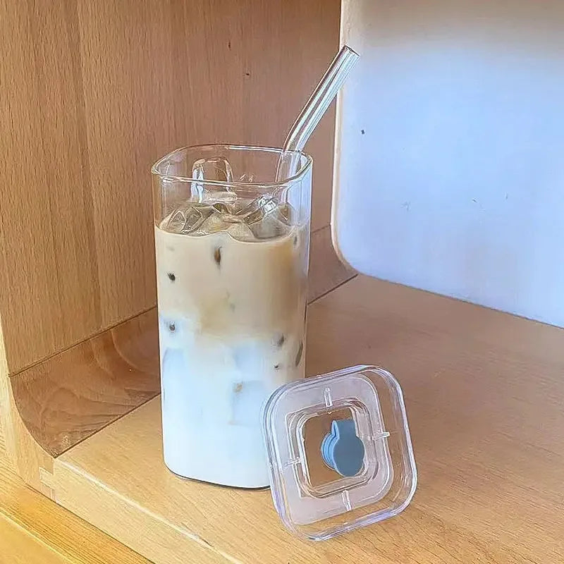 Square Heat-Resistant Glass Cup with Lid & Straw – Clear Iced Coffee, Milk Tea, Juice Mug for Home & Bar Use